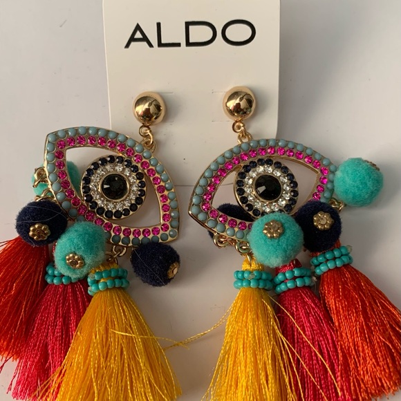 Aldo Jewelry - Aldo Multicolour Eye Tassel Statement Earrings Turquoise Red Yellow Pink Black